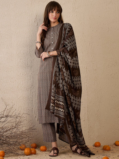 Indo Era Brown Printed Straight Kurta Trousers With Dupatta Set