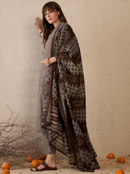 Indo Era Brown Printed Straight Kurta Trousers With Dupatta Set