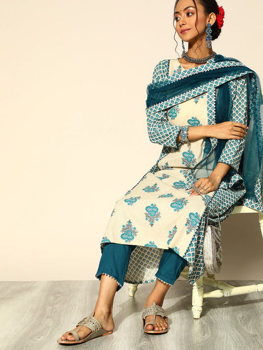 Indo Era Cream Printed A-Line Kurta Trouser With Dupatta Set