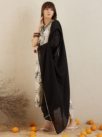 Indo Era Cream Printed Straight Kurta Trousers With Dupatta set