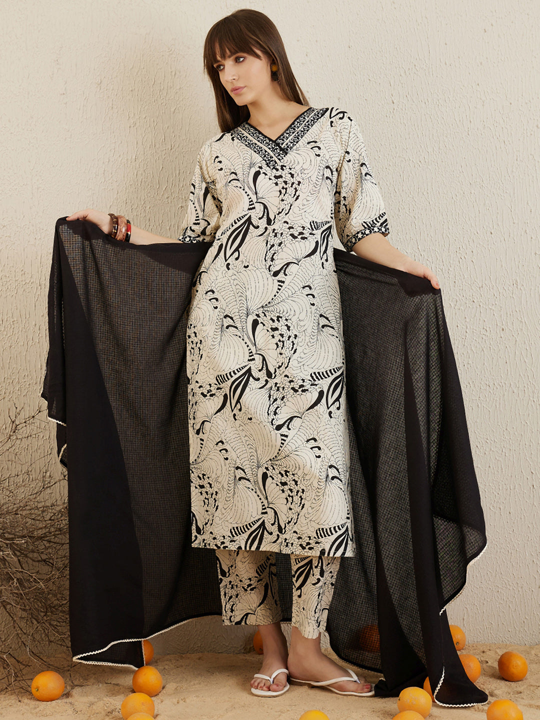 Indo Era Cream Printed Straight Kurta Trousers With Dupatta set
