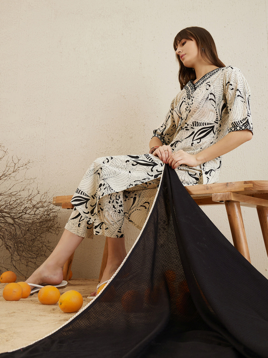 Indo Era Cream Printed Straight Kurta Trousers With Dupatta set