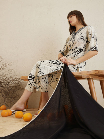 Indo Era Cream Printed Straight Kurta Trousers With Dupatta set