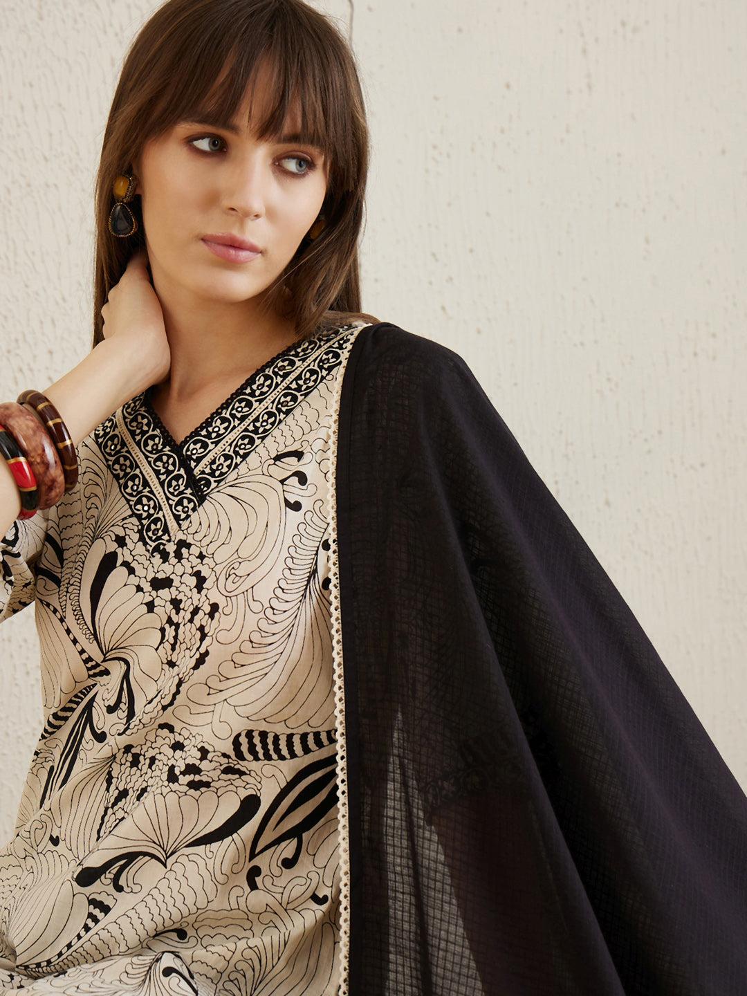 Indo Era Cream Printed Straight Kurta Trousers With Dupatta set