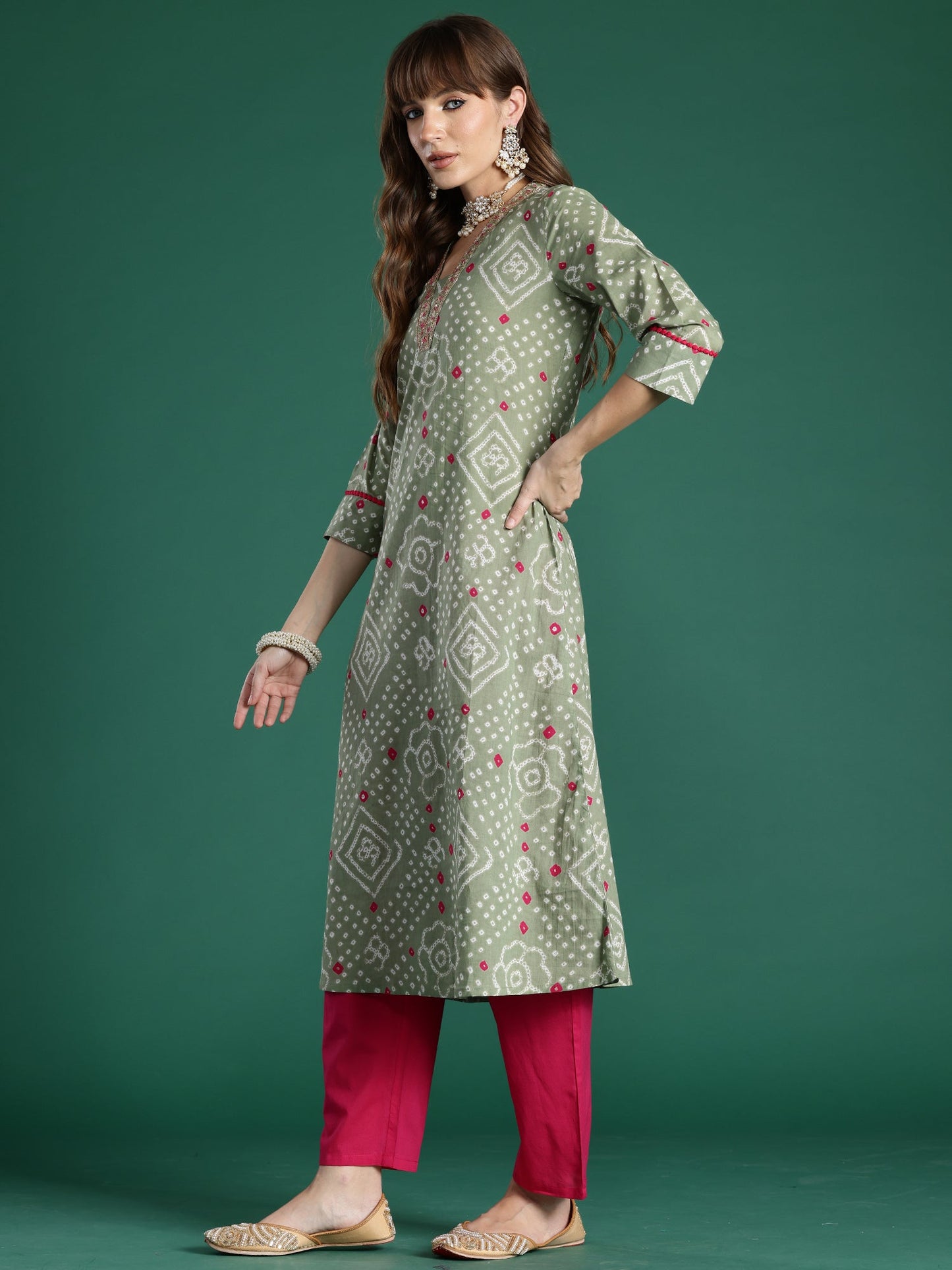 Indo Era Green Printed A-Line Kurta Trousers With Dupatta Set