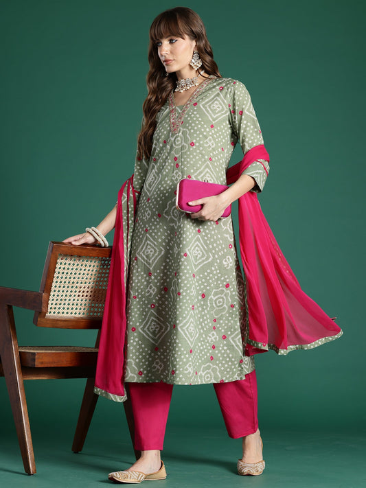 Indo Era Green Printed A-Line Kurta Trousers With Dupatta Set