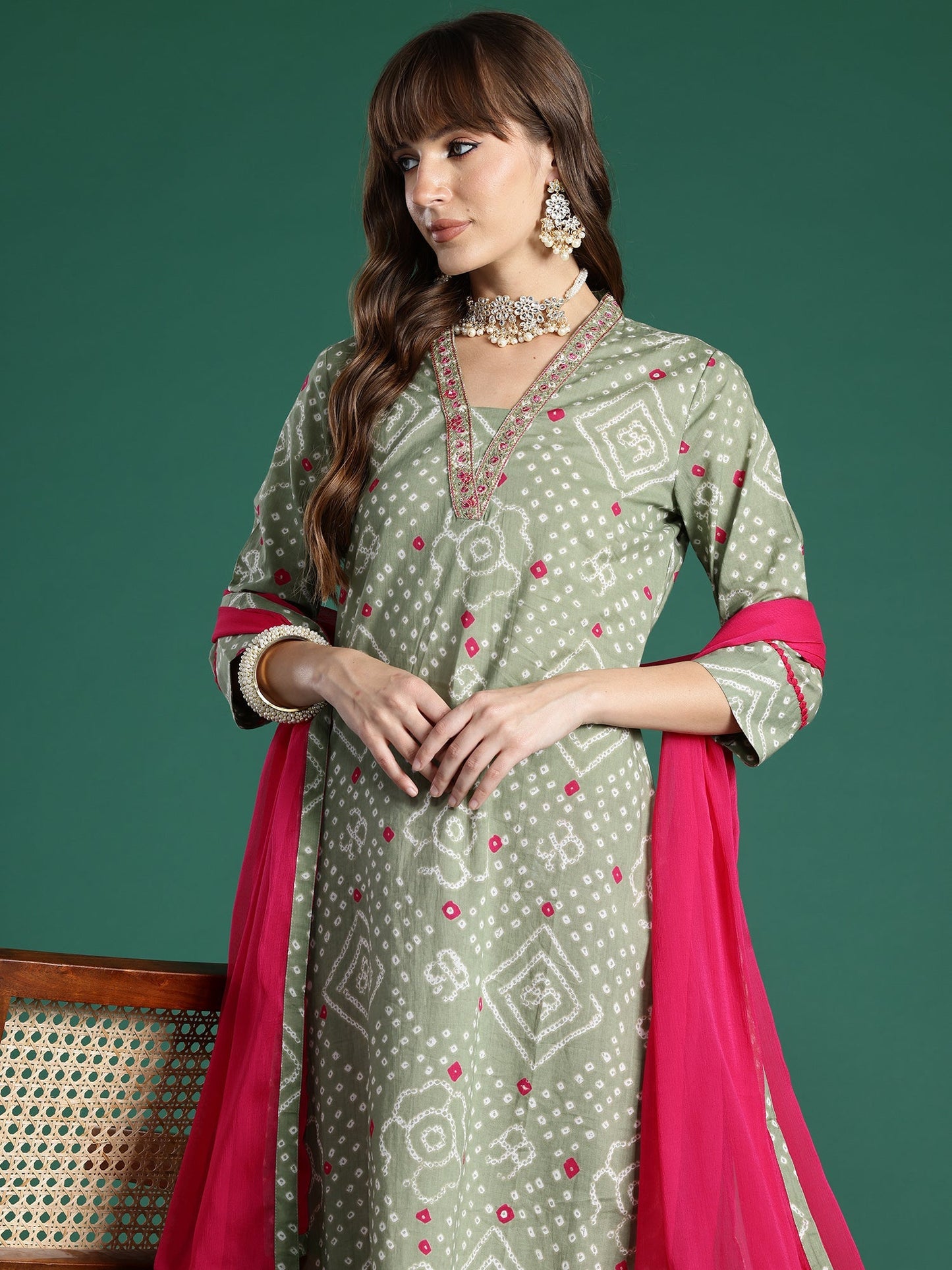 Indo Era Green Printed A-Line Kurta Trousers With Dupatta Set