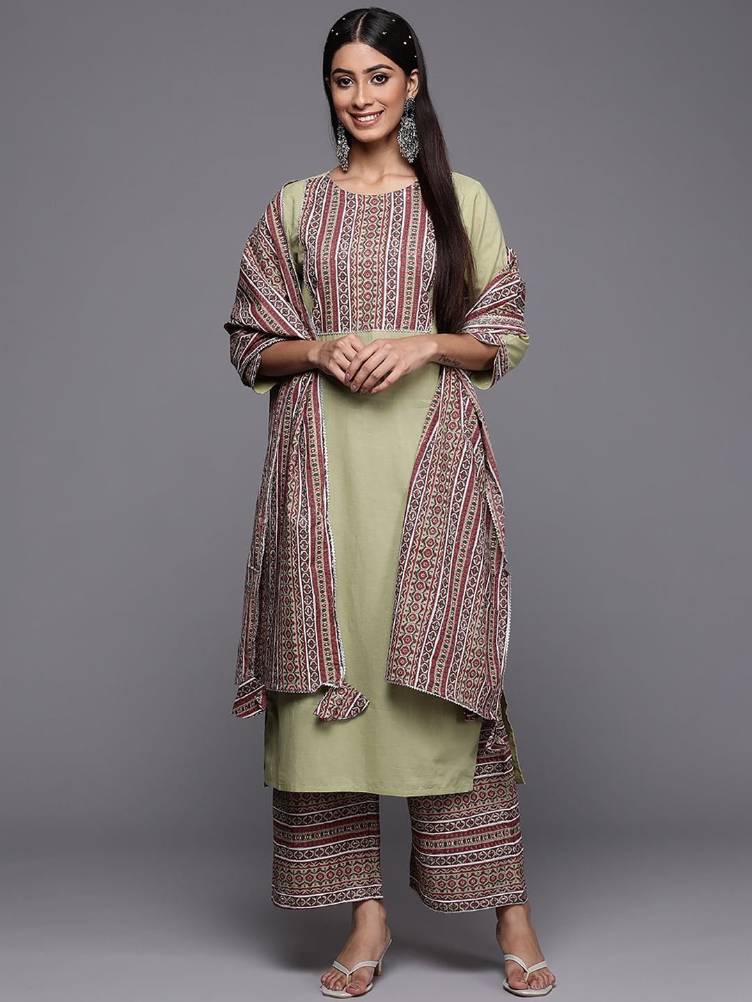 Indo Era Green Solid Straight Kurta Palazzo With Dupatta Set