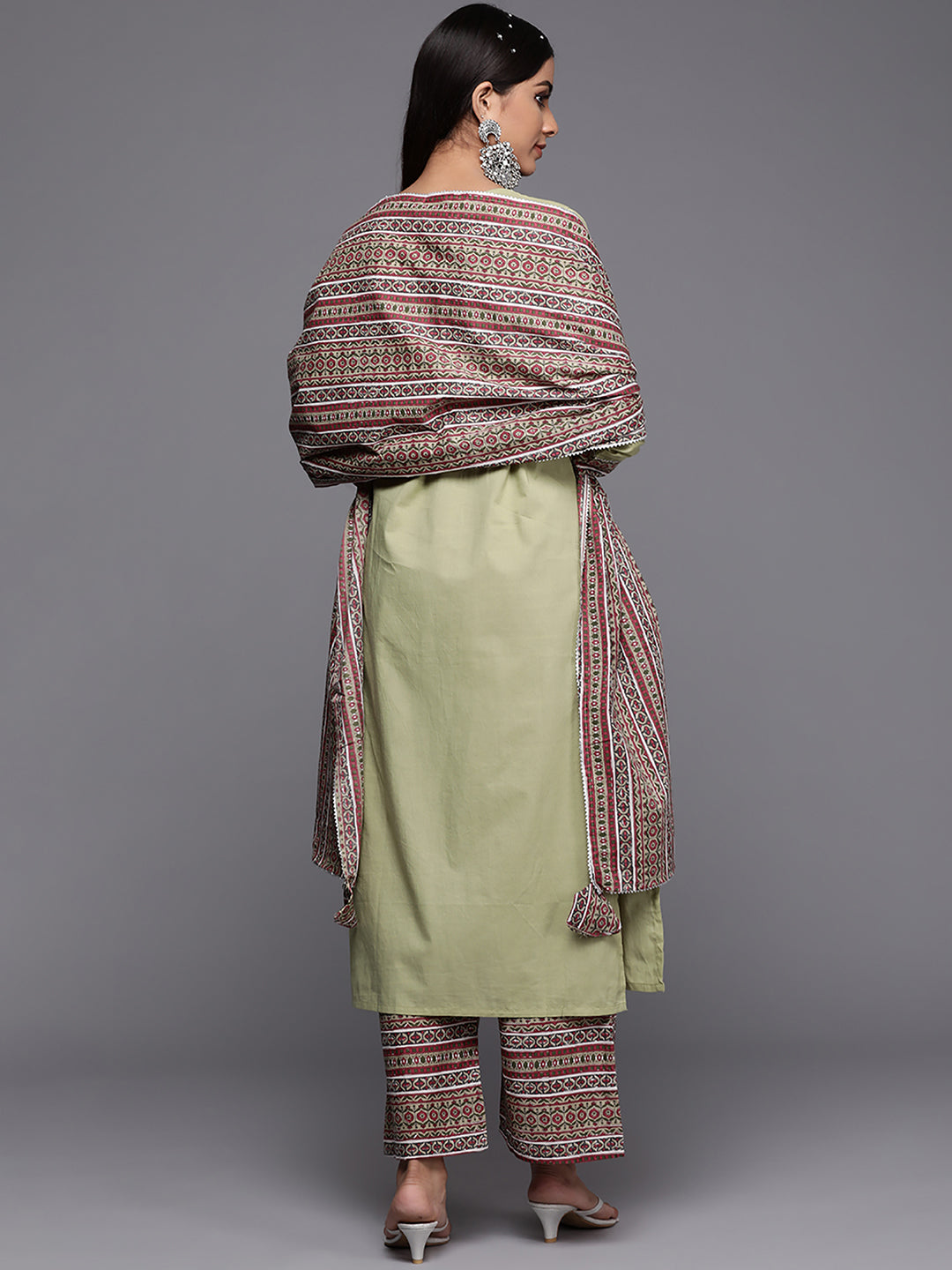 Indo Era Green Solid Straight Kurta Palazzo With Dupatta Set
