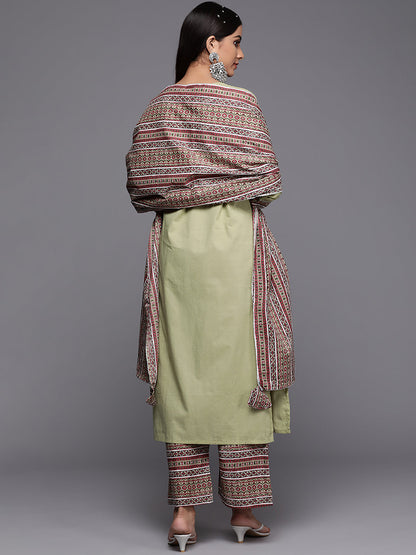 Indo Era Green Solid Straight Kurta Palazzo With Dupatta Set
