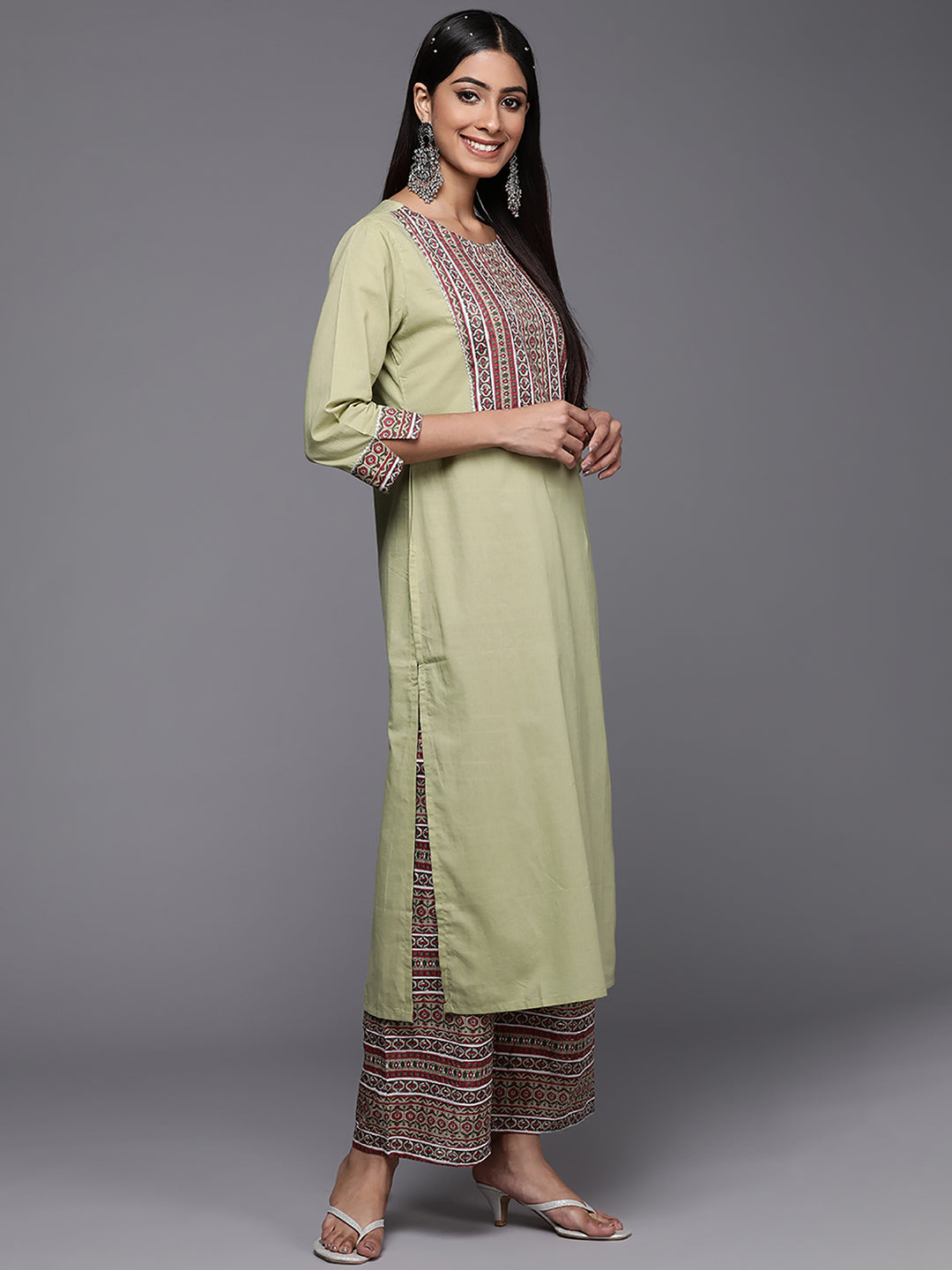Indo Era Green Solid Straight Kurta Palazzo With Dupatta Set