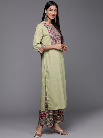 Indo Era Green Solid Straight Kurta Palazzo With Dupatta Set