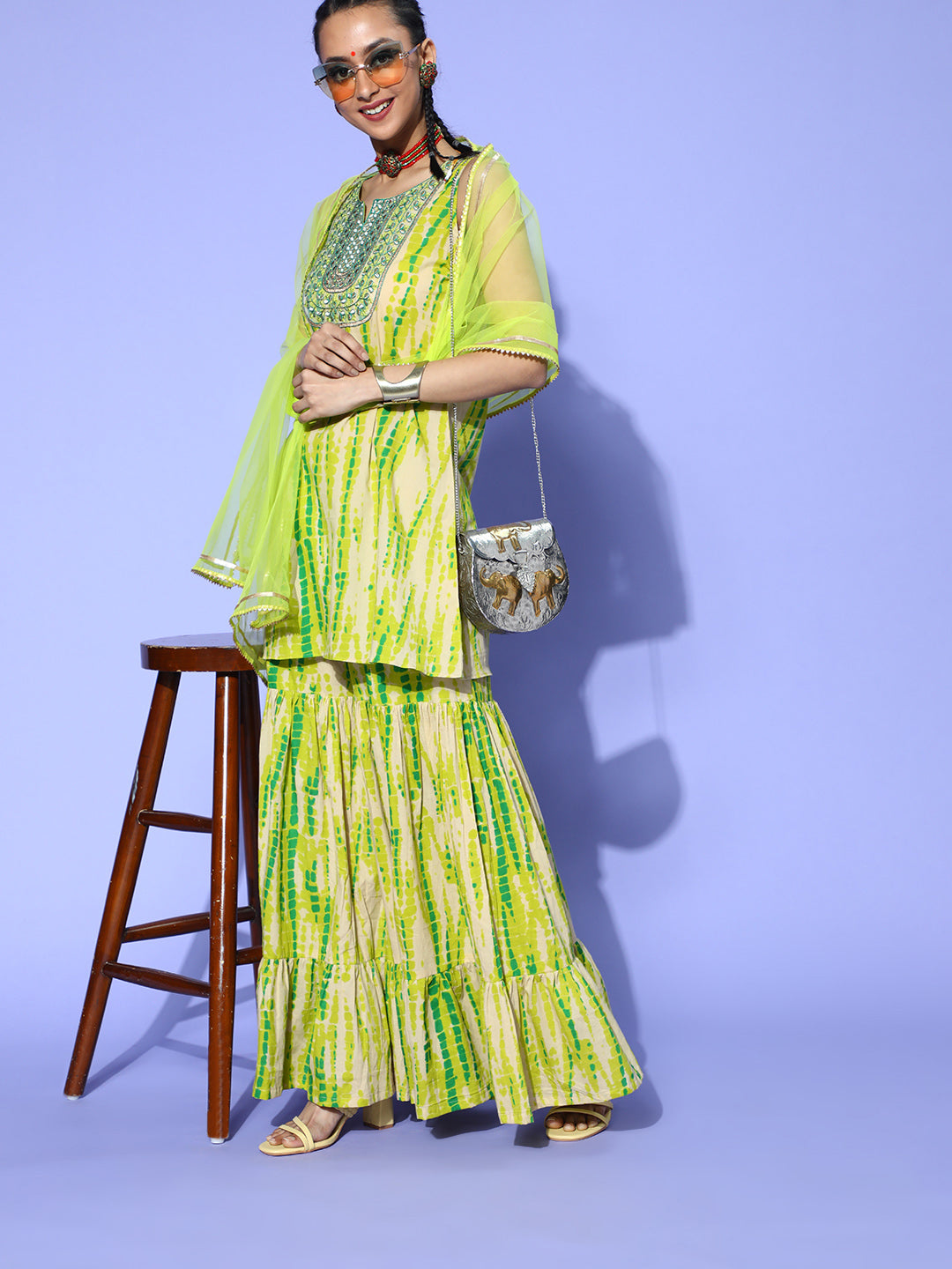 Indo Era Green Tie & Dye A-Line Kurta Sharara With Dupatta Set