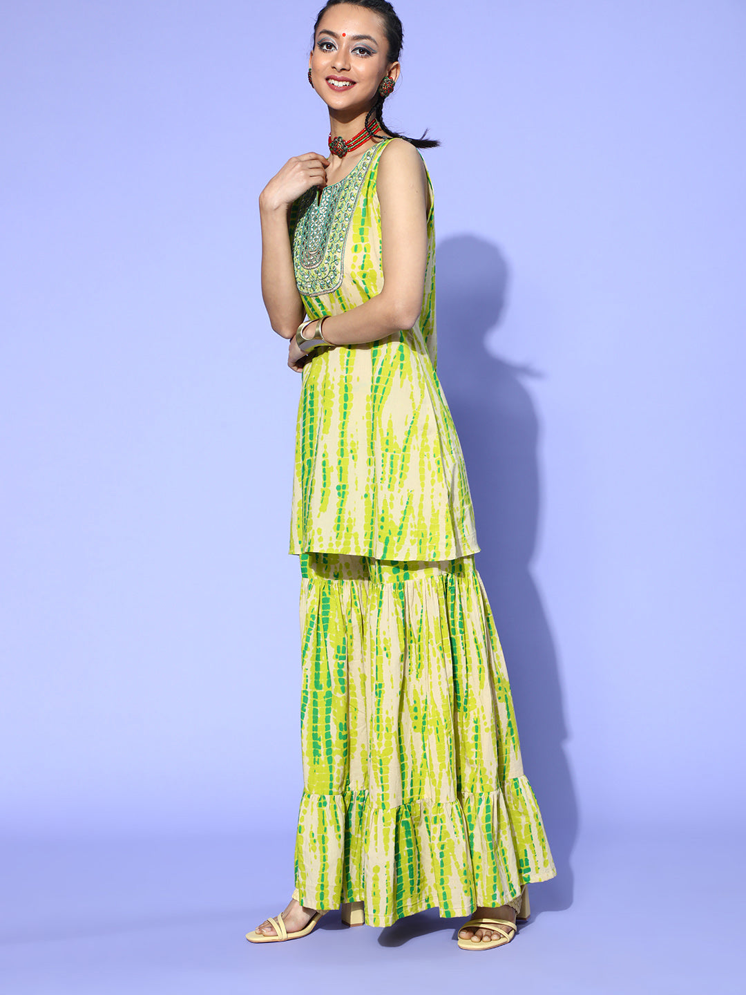 Indo Era Green Tie & Dye A-Line Kurta Sharara With Dupatta Set