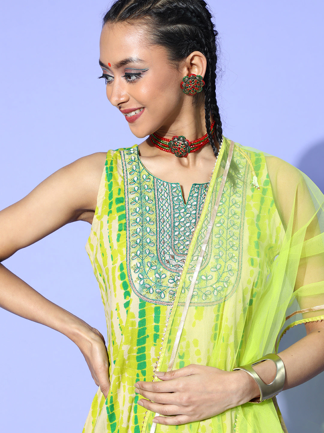 Indo Era Green Tie & Dye A-Line Kurta Sharara With Dupatta Set