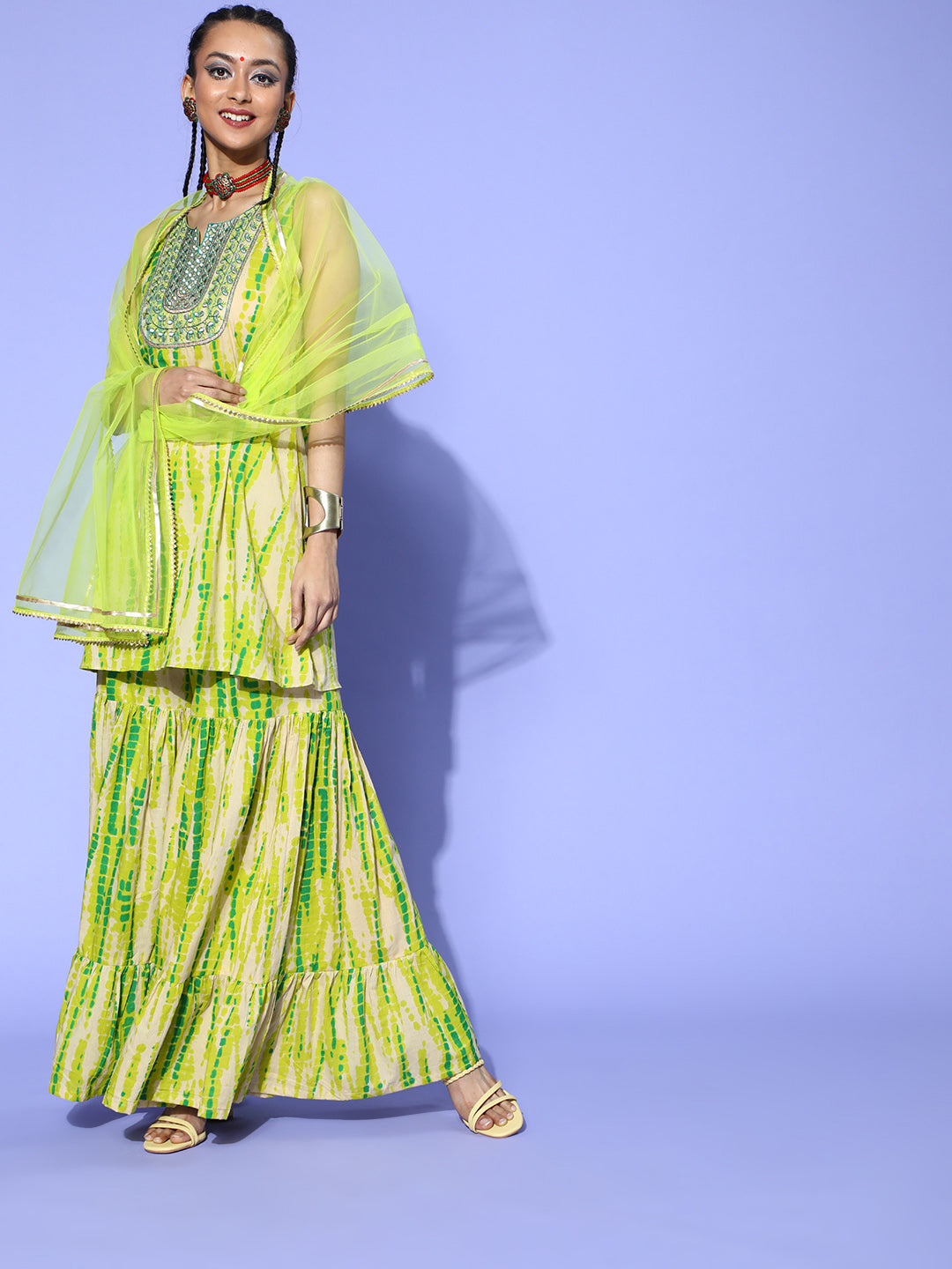 Indo Era Green Tie & Dye A-Line Kurta Sharara With Dupatta Set