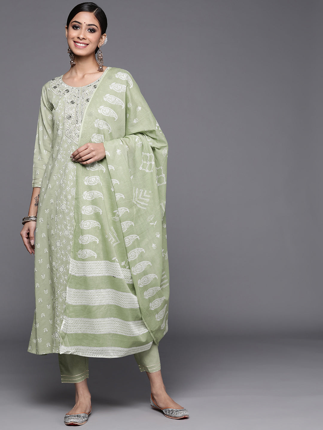Indo Era Green Printed A-Line Kurta Trousers With Dupatta Set