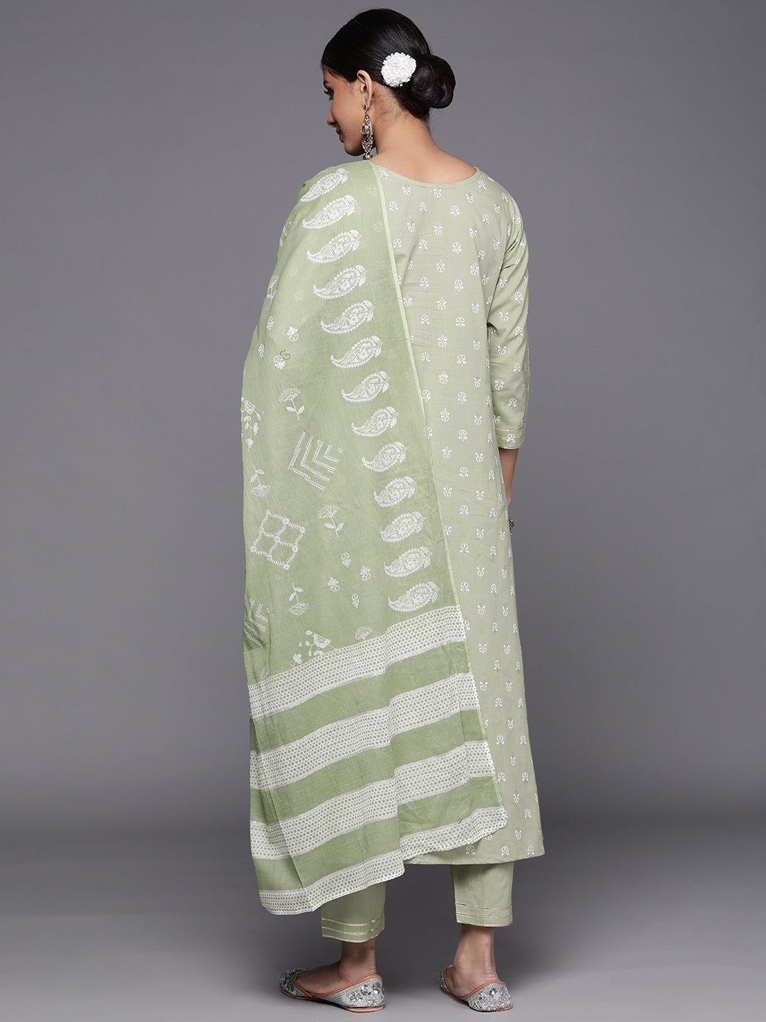 Indo Era Green Printed A-Line Kurta Trousers With Dupatta Set