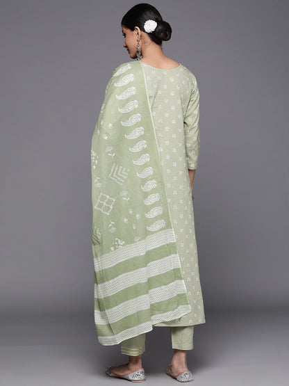 Indo Era Green Printed A-Line Kurta Trousers With Dupatta Set