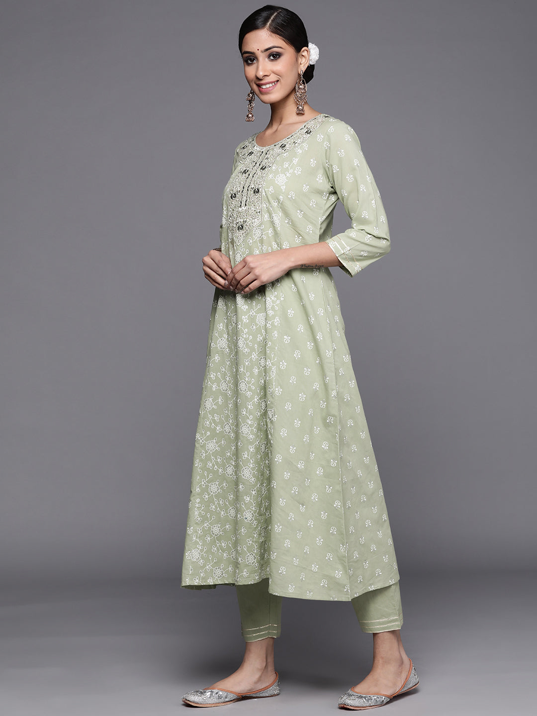 Indo Era Green Printed A-Line Kurta Trousers With Dupatta Set
