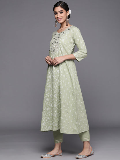Indo Era Green Printed A-Line Kurta Trousers With Dupatta Set
