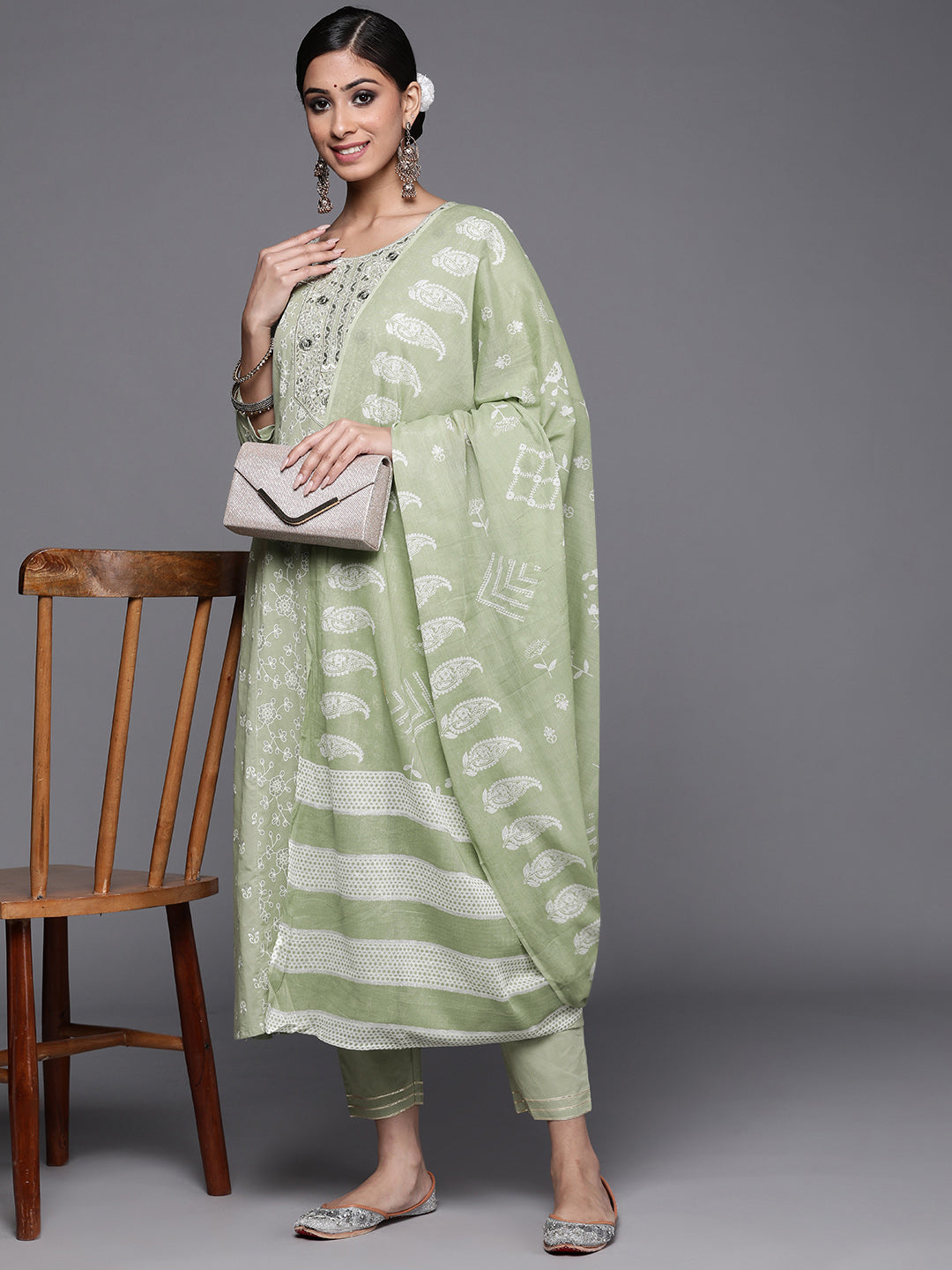 Indo Era Green Printed A-Line Kurta Trousers With Dupatta Set