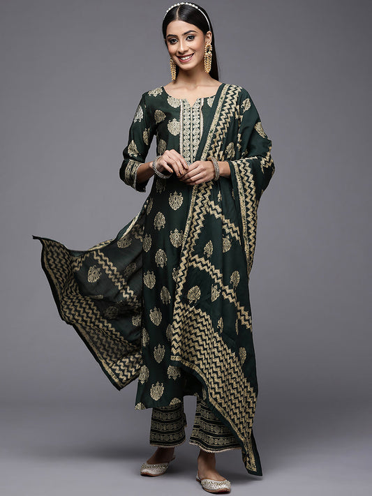 Indo Era Green Printed Straight Kurta Palazzos With Dupatta Set