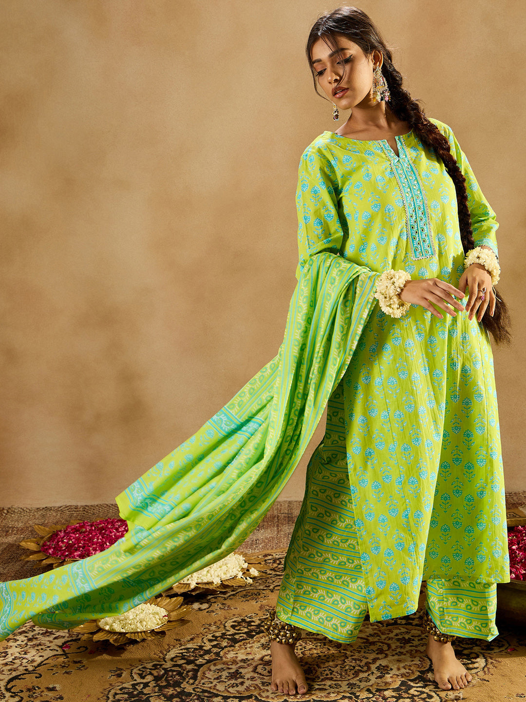 Indo Era Green Printed Straight Kurta Palazzos With Dupatta set