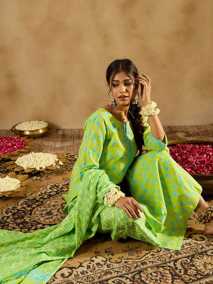 Indo Era Green Printed Straight Kurta Palazzos With Dupatta set