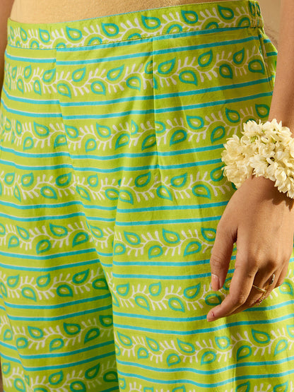 Indo Era Green Printed Straight Kurta Palazzos With Dupatta set