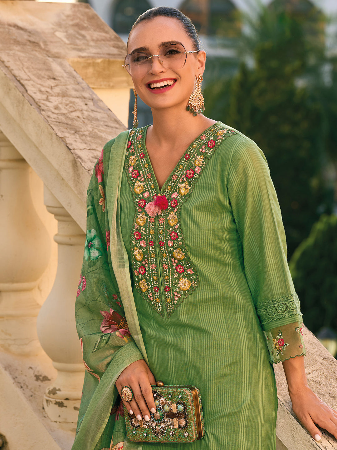 Indo Era Green Embroidered Straight Kurta Trousers With Dupatta set