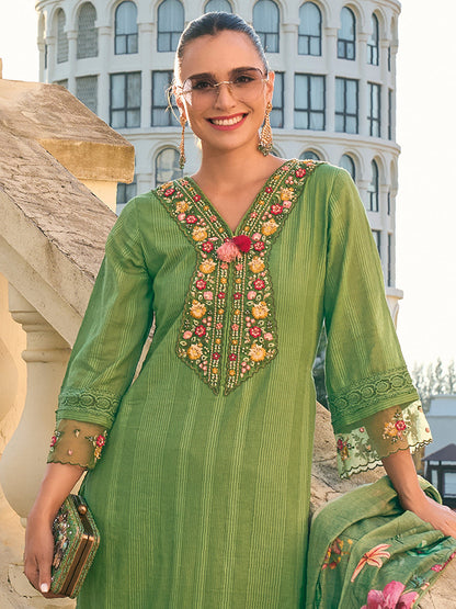 Indo Era Green Embroidered Straight Kurta Trousers With Dupatta set