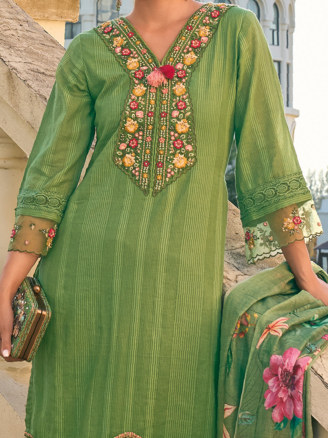 Indo Era Green Embroidered Straight Kurta Trousers With Dupatta set