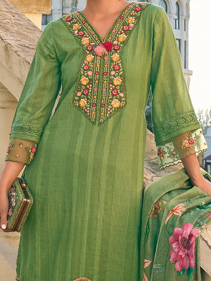 Indo Era Green Embroidered Straight Kurta Trousers With Dupatta set