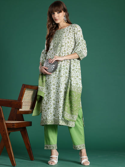 Indo Era Green Printed Straight Kurta Trousers With Dupatta Set
