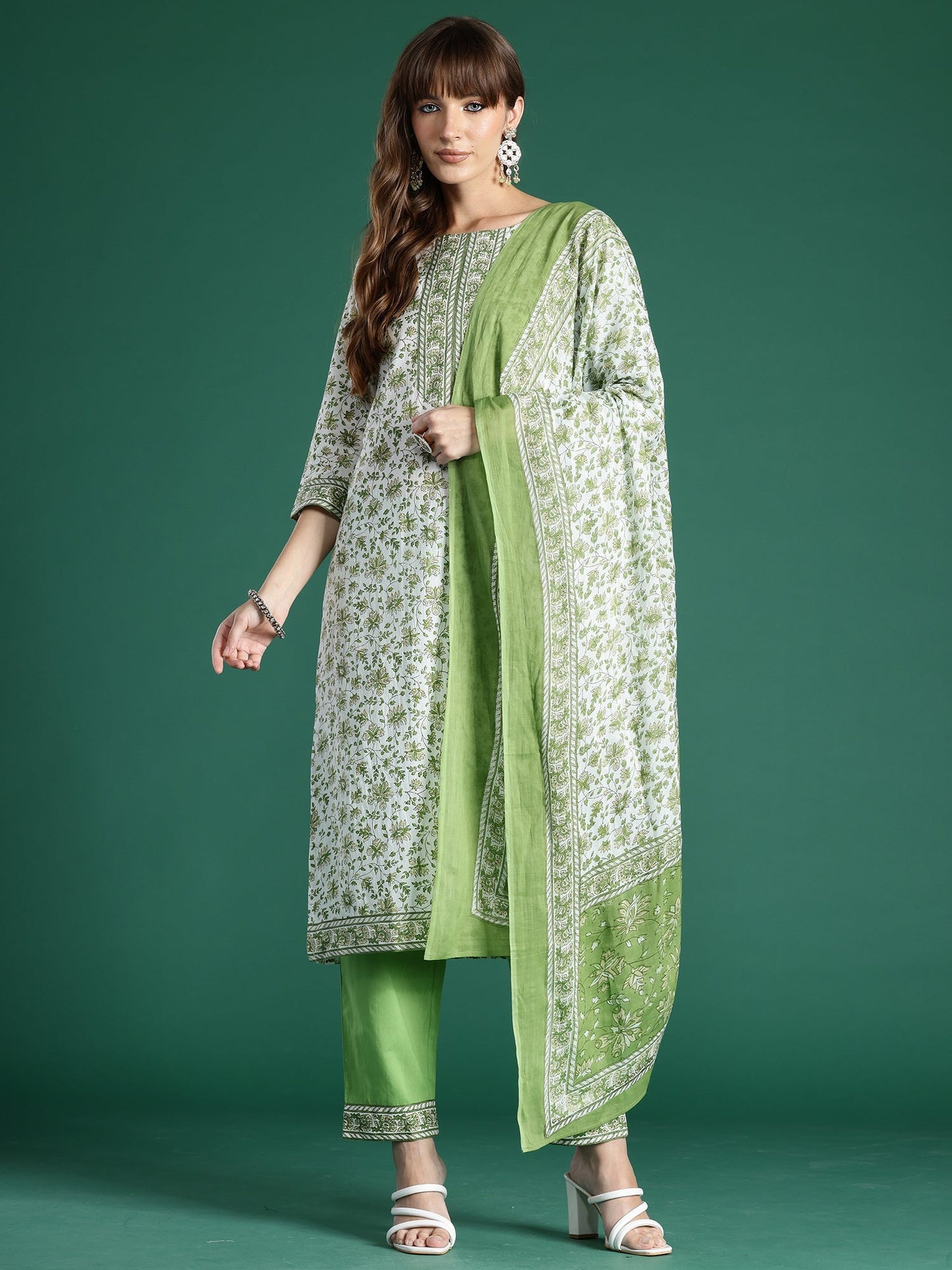 Indo Era Green Printed Straight Kurta Trousers With Dupatta Set