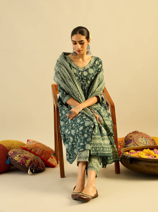 Green Printed A-Line Kurta Trousers With Dupatta set