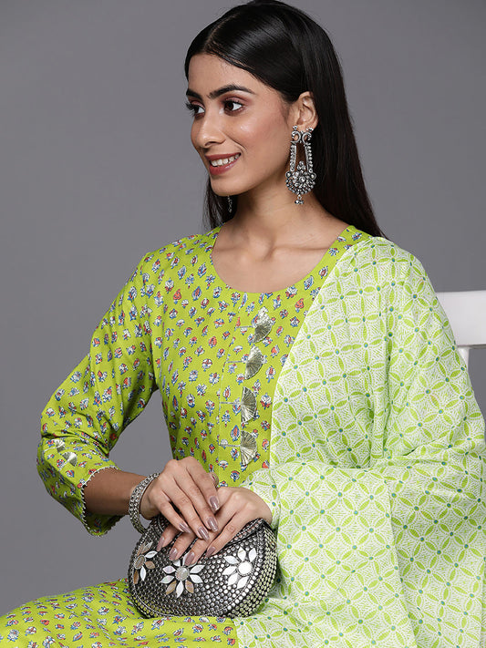 Indo Era Green Printed Straight Kurta Trousers With Dupatta Set