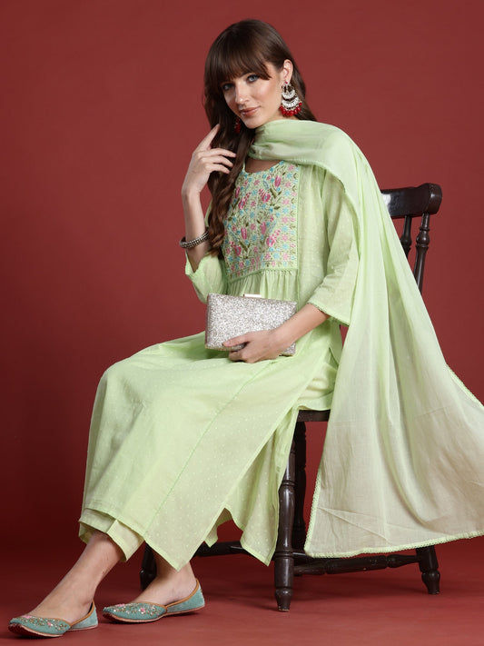 Green Embroidered A-Line Kurta Trousers With Dupatta Set