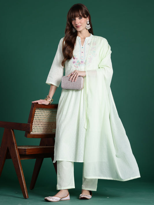 Green Embroidered A-Line Kurta Trousers With Dupatta Set