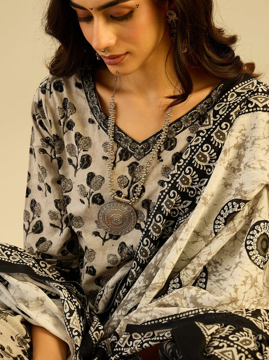 Indo Era Grey Printed Straight Kurta Trousers With Dupatta set