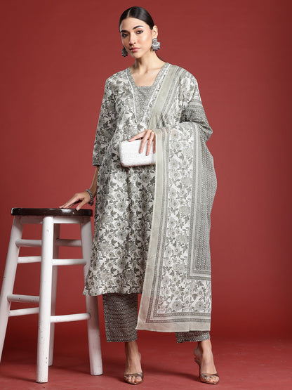 Indo Era Grey Printed Straight Kurta Trousers With Dupatta Set