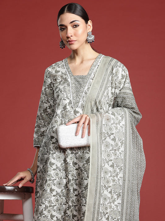 Indo Era Grey Printed Straight Kurta Trousers With Dupatta Set