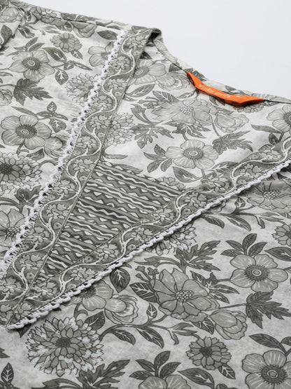 Indo Era Grey Printed Straight Kurta Trousers With Dupatta Set