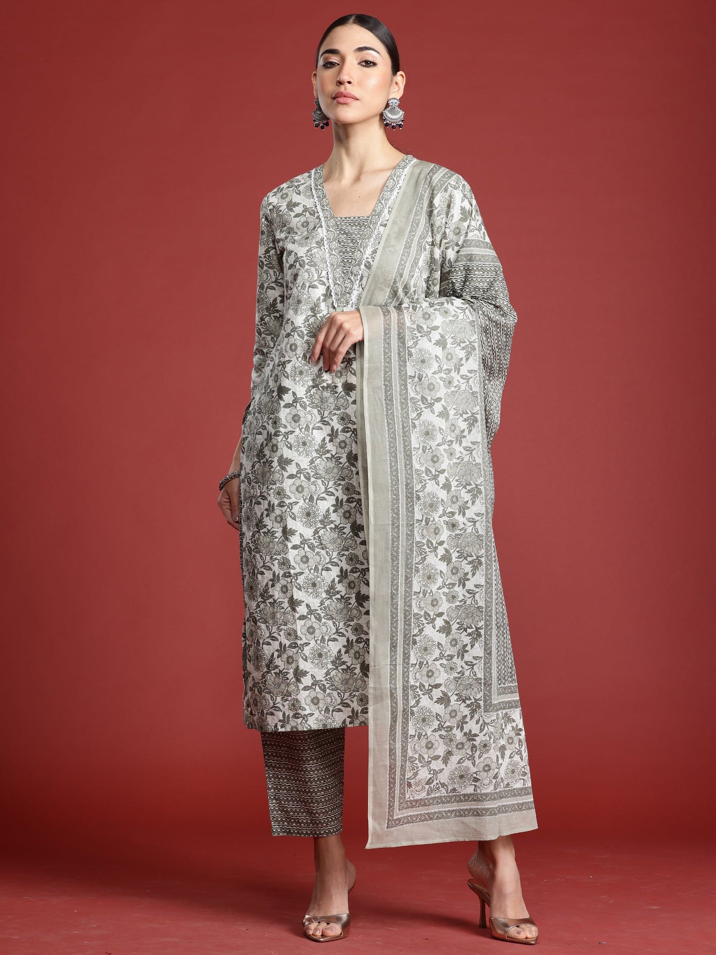 Indo Era Grey Printed Straight Kurta Trousers With Dupatta Set