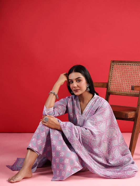Indo Era Lavender Printed Straight Kurta Trousers With Dupatta set