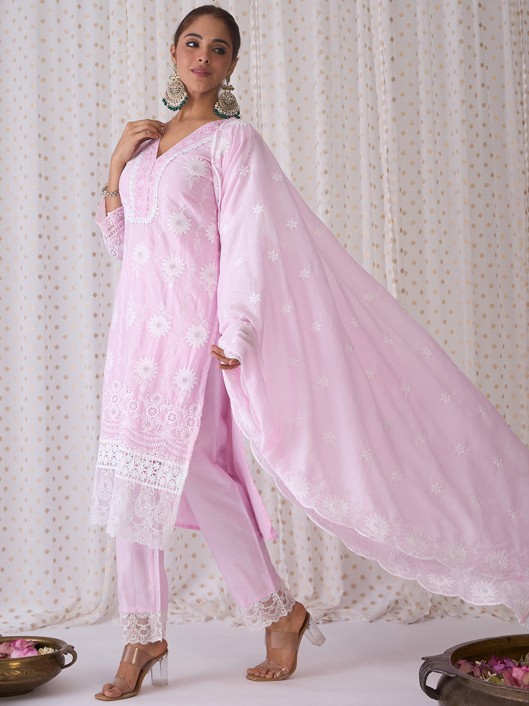 Indo Era Lavender Embroidered Straight Kurta Trousers set