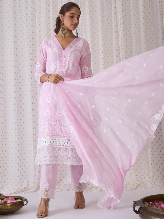 Indo Era Lavender Embroidered Straight Kurta Trousers set