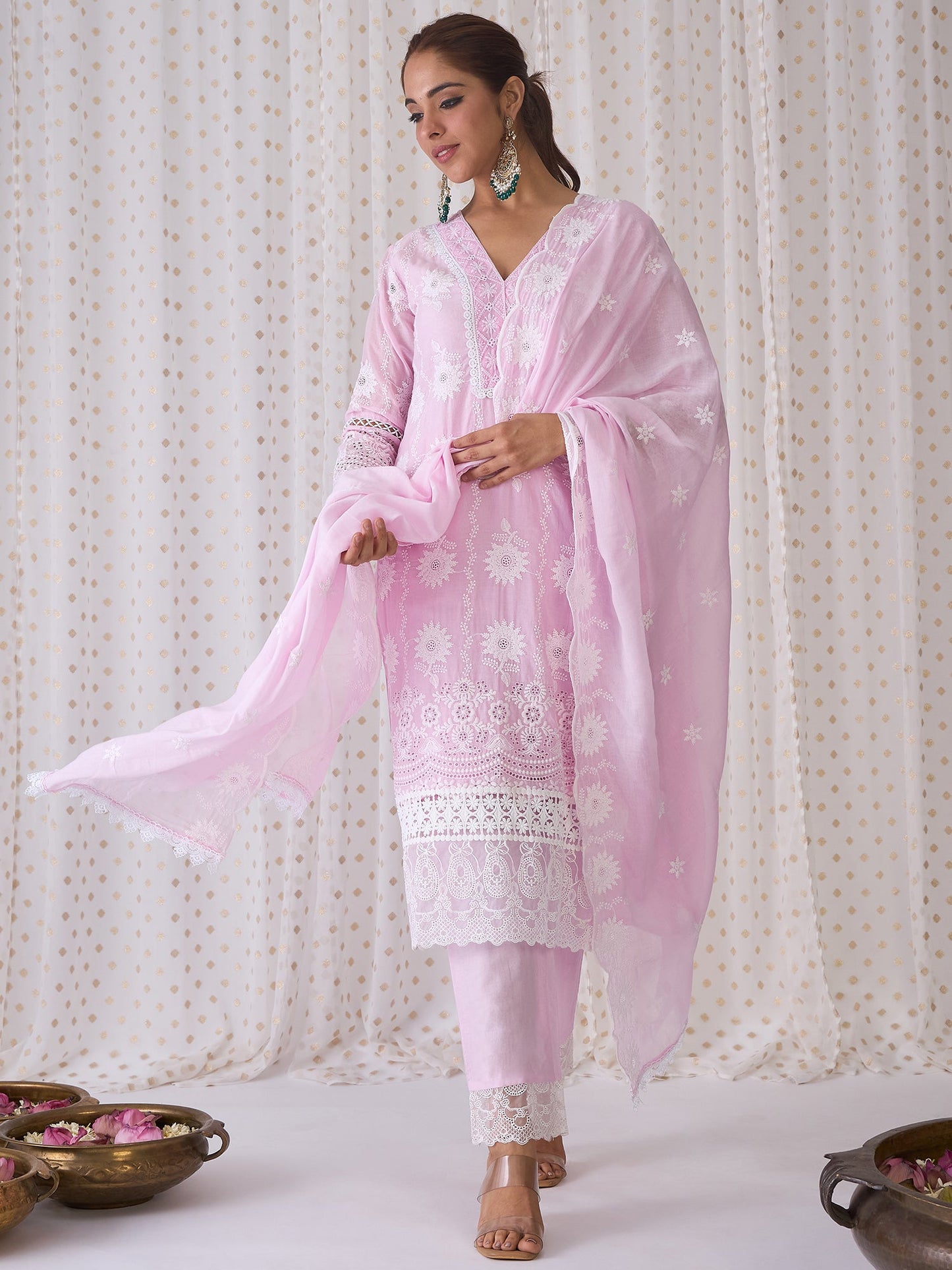 Indo Era Lavender Embroidered Straight Kurta Trousers set