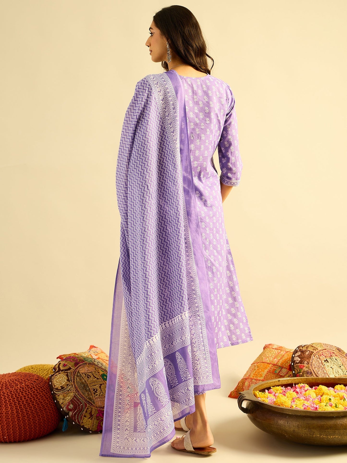 Indo Era Lavender Printed Straight Kurta Trousers With Dupatta set